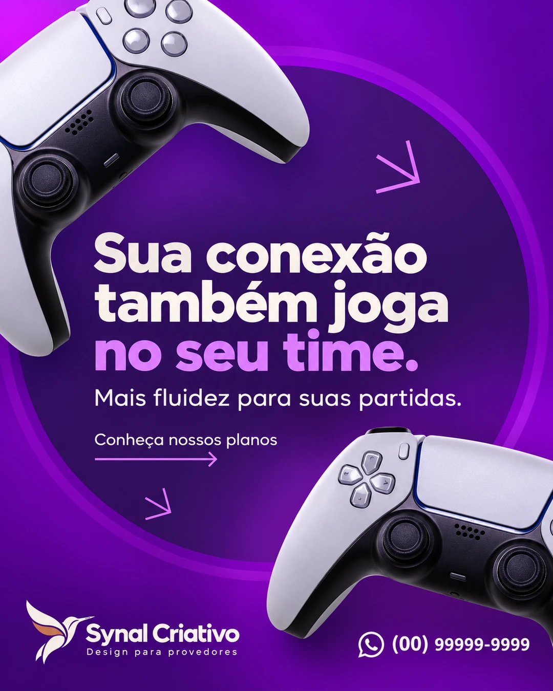 Arte gamer em roxo com controles brancos, formas geométricas e tipografia em destaque
