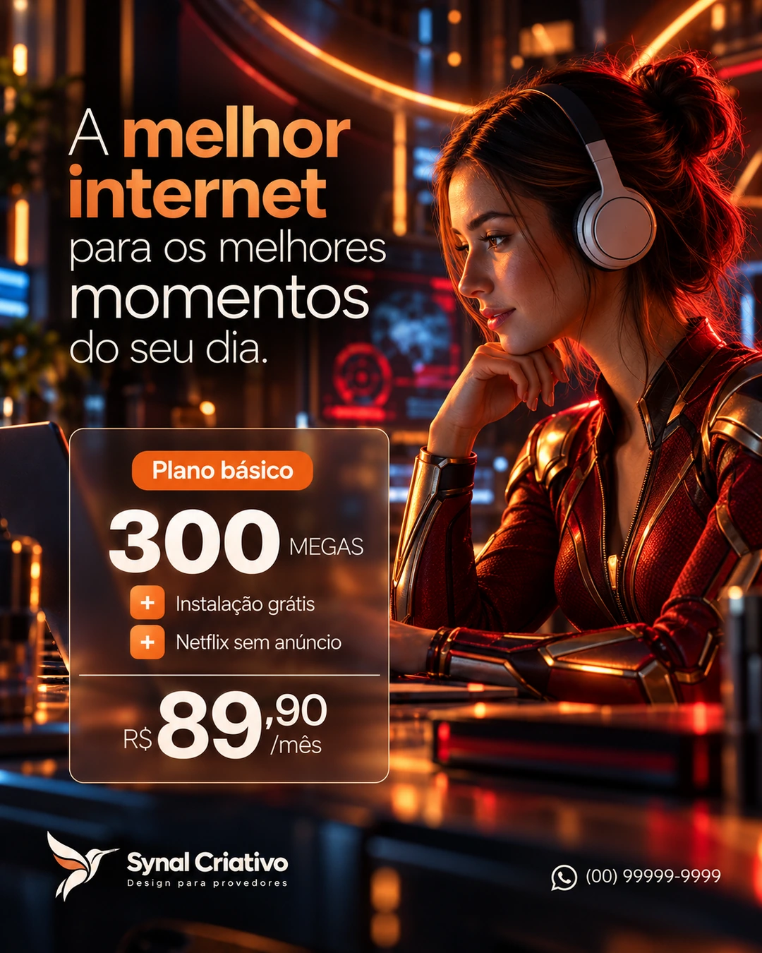 Personagem com visual de heroína e fones em cenário laranja, ao lado de um plano em caixa de vidro