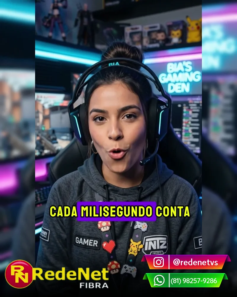 Apresentadora gamer em vídeo da RedeNet Fibra