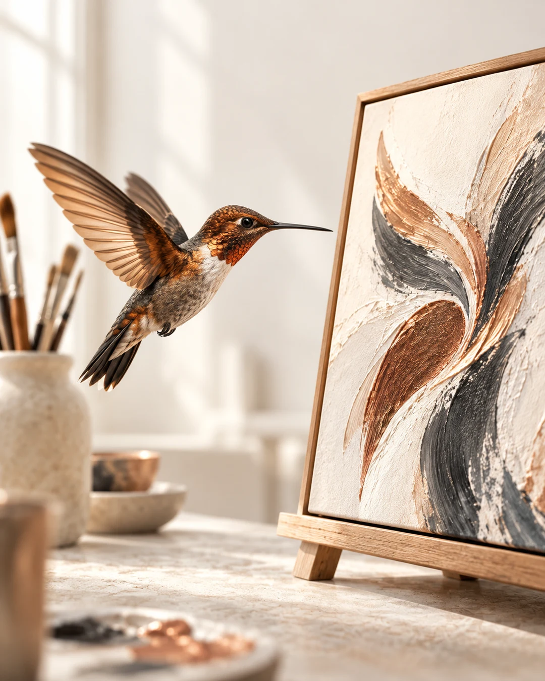 Beija-flor realista em tons de cobre olhando para um quadro de pintura em cobre, marfim e grafite, em um ateliê iluminado