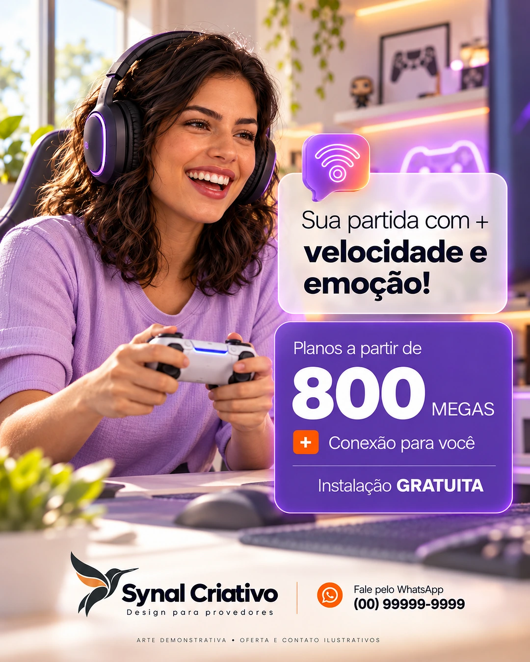 Arte de planos com mulher gamer e blocos de vidro em roxo, criada pela Synal Criativo